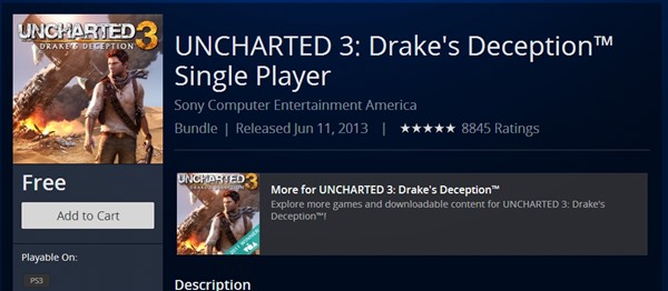Uncharted 3 é listado gratuitamente na PSN americana